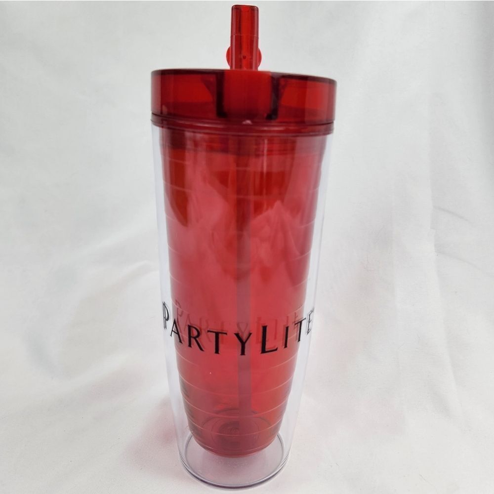 💜PartyLite Red Semi-Clear Double Wall 20oz Travel Tumbler